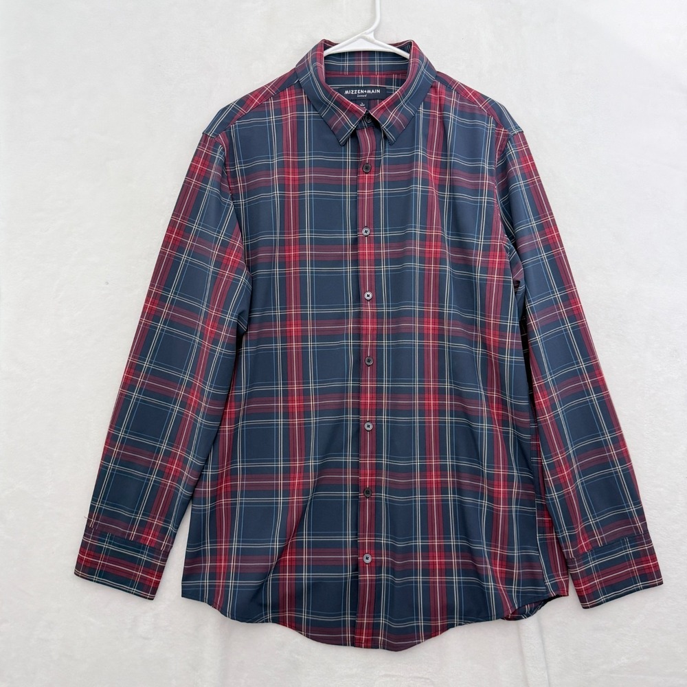 Mizzen Main Leeward Shirt Mens L Blue Plaid Trim Fit Stretch Performance